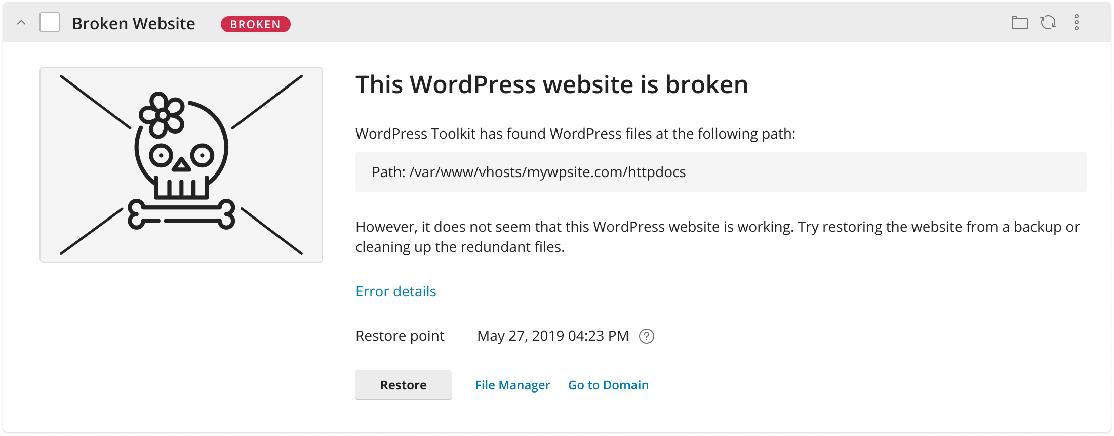 WordPress website card showing a critical error