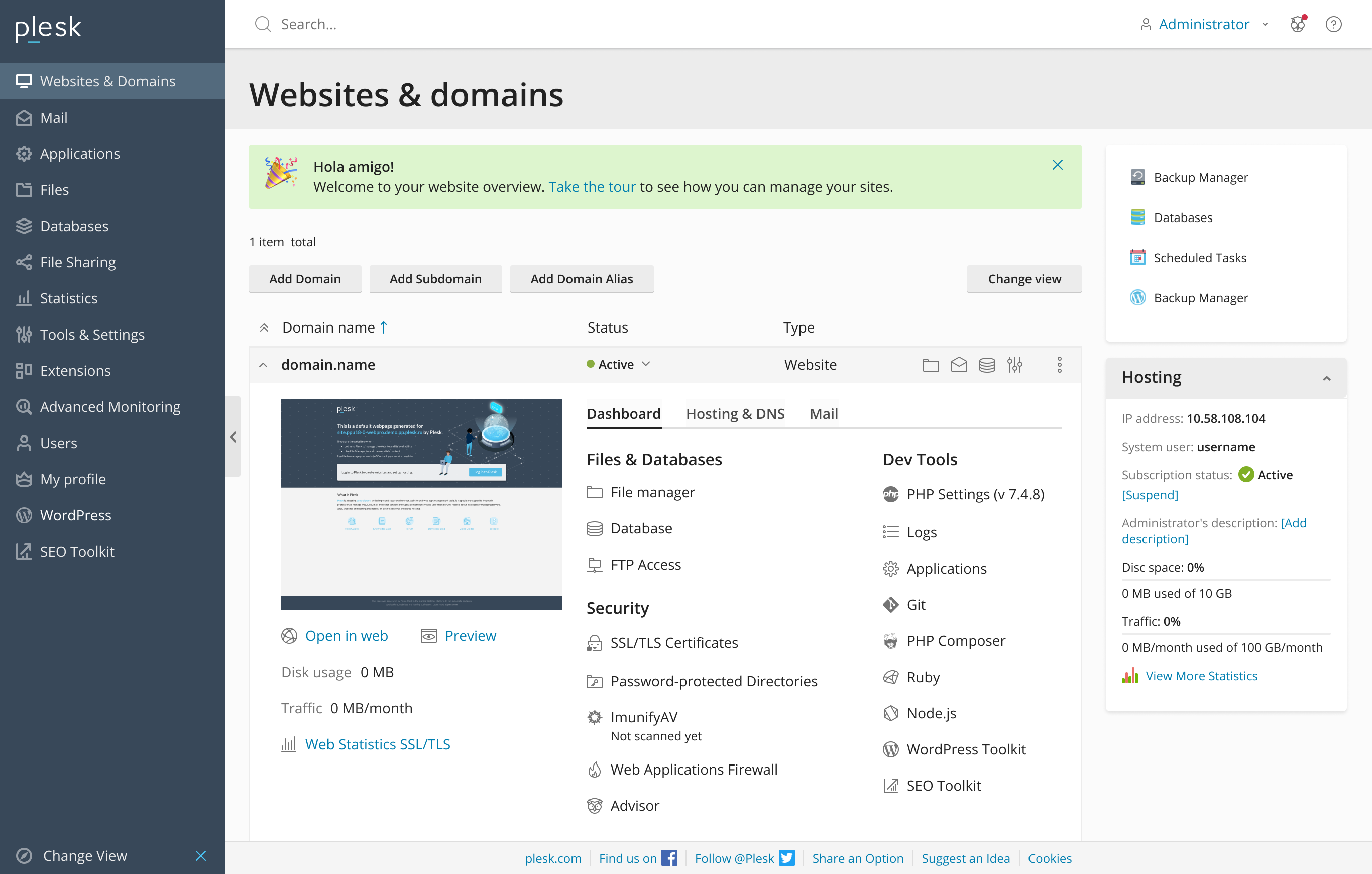 Websites & Domains screen in Plesk